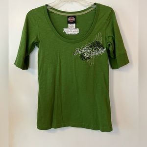 Green, Harley Davidson scoop neck, 3/4 length sleeve shirt, size small.